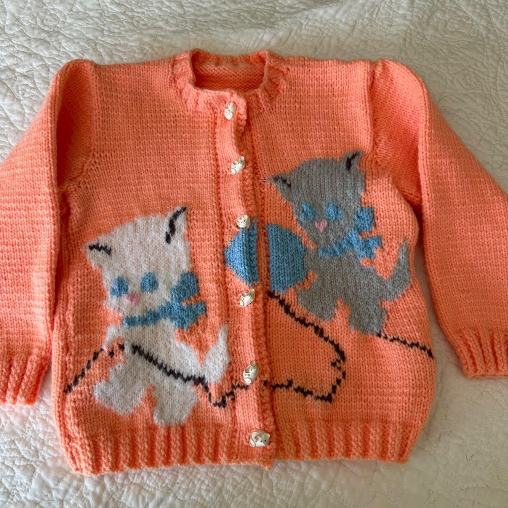 Vintage Handmade Cat Kitten Cardigan Kids 3D Mouse Buttons Novelty Knit